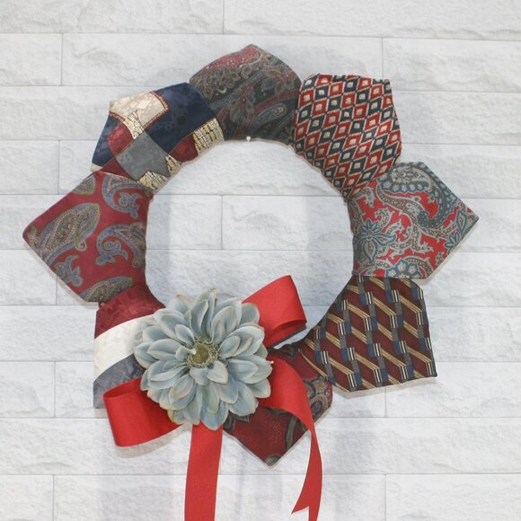 HAND CRAFTED Wreath Upcycled Necktie Christmas Holiday Red Floral Decor - Picture 1 of 11